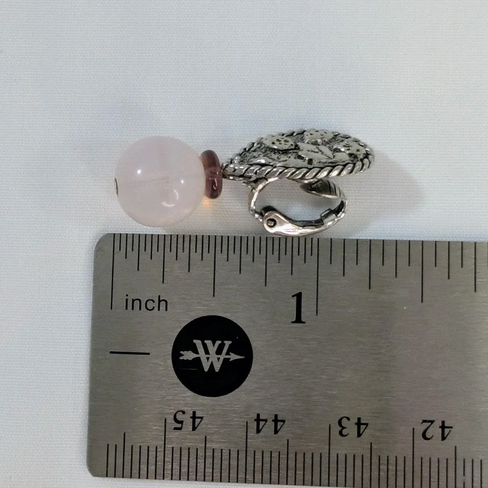 Vintage Clip On Earrings Antique Silver Leaf Opalescent Glass Bead 1.25" - Picture 5 of 5
